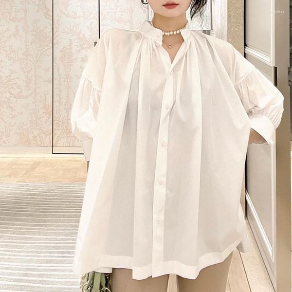 Blusas de mujer 2023 blusa suelta en forma de A de un solo pecho elegante manga abullonada bordado camisas casuales moda tres cuartos blanco Tops