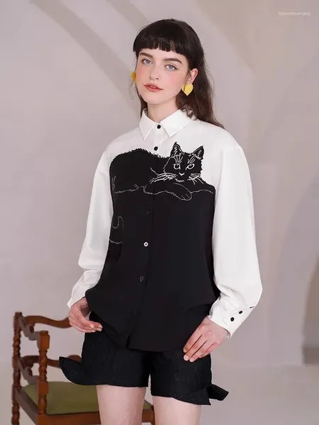 Blusas de mujer 2023 llegada otoño mujer parche diseño gatito camisa bordada