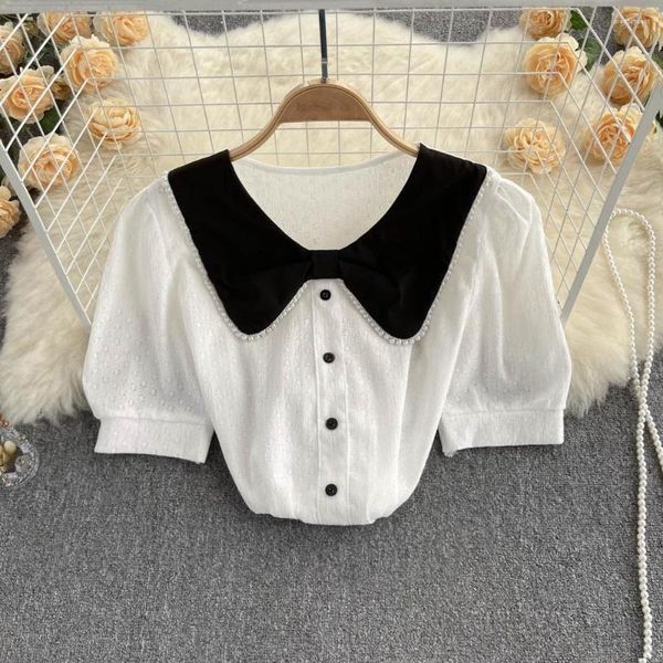 Blouses pour femmes 2023 arrivée femmes à manches courtes en mousseline de soie Vintage élégant perles nœud col rabattu chemises coréen Chic Blusas Mujer