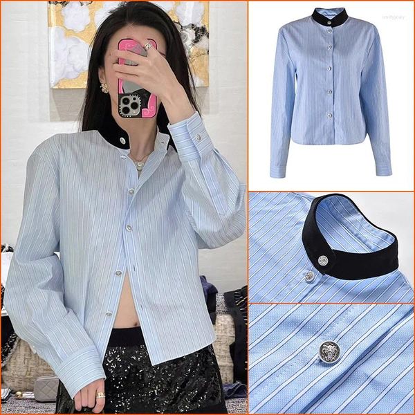 Blusas de mujer 2023 Blusa de otoño Mujer Raya azul claro / Camisa blanca Diseño Sentido Pequeño Delgado Manga completa Top O-cuello Oficina Señora Alta