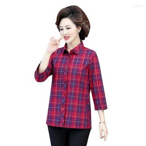 Women's Blouses 2023 Herfstmerk Women Three Quarter Sleeve katoenen Plaid Shirts Casual Slim Shirt Blusas Feminina 5xl