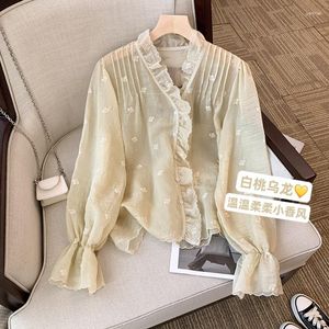 Blusas de mujer 2023 otoño elegante Hada cuello pico Floral manga larga camisa casual árbol comestible fina dulce gasa camisetas Top