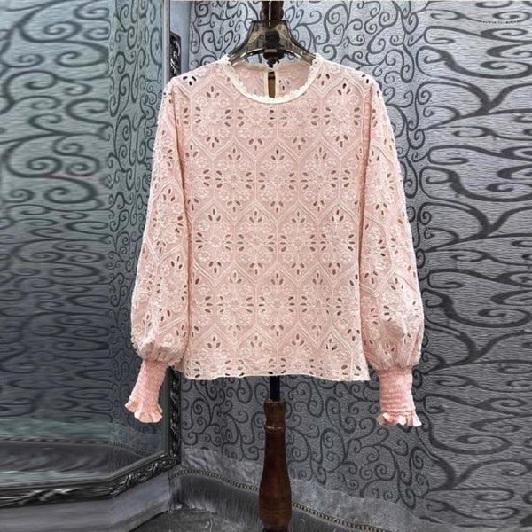 Blusas para mujer 2023 Otoño Moda Diseñador Blusa Camisas Alta Calidad Señoras Allover Exquisito Bordado Manga larga Rosa Negro Albaricoque