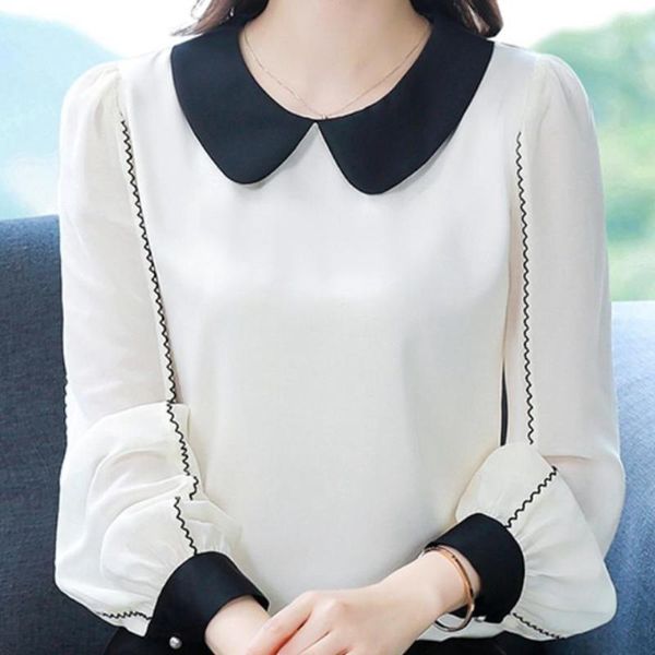 Blusas de mujer a la moda de otoño 2023, camisas de gasa de manga adorables largo con cuello de muñeca, camisa elegante, Top versátil ajustado coreano