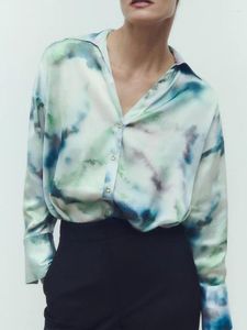 Vrouwen Blouses 2023 Herfst Mode Lange Mouwen Tie-Dye Retro Gedrukt Zijde Satijn Textuur Losse Drape Resort Stijl overhemd