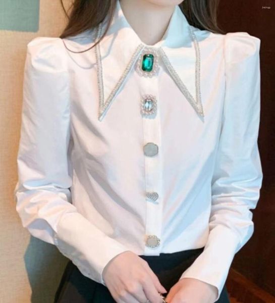 Blusas de mujer 2023 otoño en camisas de diamantes con incrustaciones de lentejuelas y cuentas estilo francés Top blanco de manga larga