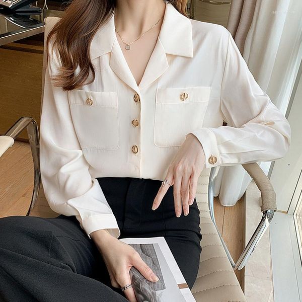 Blouses pour femmes 2023 automne coréen mode Blouse haut pour femme à manches longues boutonné chemise travail bureau dames poches solide en mousseline de soie vêtements