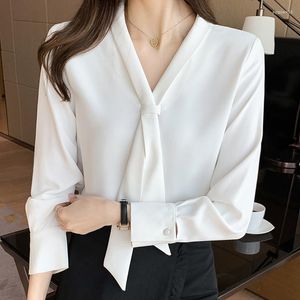 Women's Blouses 2023 Herfst Long Sleeve Chiffon Blouse Shirt Dames Blusas Mujer de Moda Bow V-Neck Office Lady Tops Vrouw