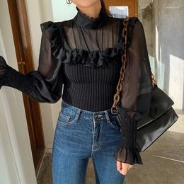 Damesblouses 2023 herfst mesh blouse voor vrouwen ruche stand kraag stiksel gebreide trui lange mouw shirt elegante Franse blusa 16721