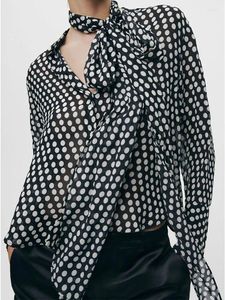 Blouses Femmes 2023 Automne Bureau Lady O-Cou À Manches Longues En Mousseline De Soie Blouse Femmes Dot Imprimé Élégant Bow Chemises Femme Tempérament Laçage