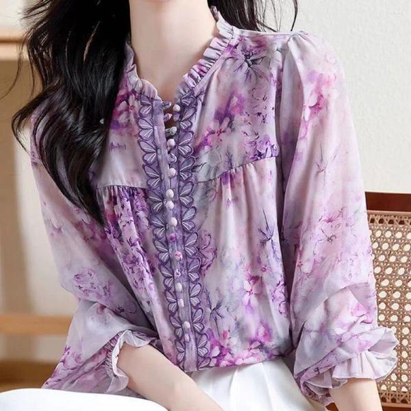 Blouses Femmes 2023 Automne Violet Chemise En Mousseline De Soie Imprimé Lanterne À Manches Longues Chemisier Haut Pour Femmes Blusas Elegantes Social Feminina