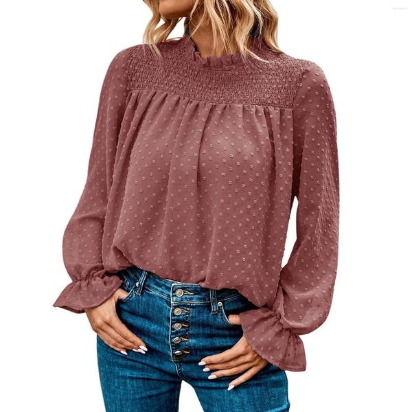 Blusas de mujer 2023 otoño gasa sólida para mujer camisas de moda señora Casual volante cuello manga larga elegante Tops