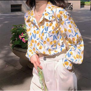 Blouses pour femmes 2023 automne printemps chemise ample tulipe imprimé pour les femmes à manches longues en mousseline de soie haut vêtements femme basique