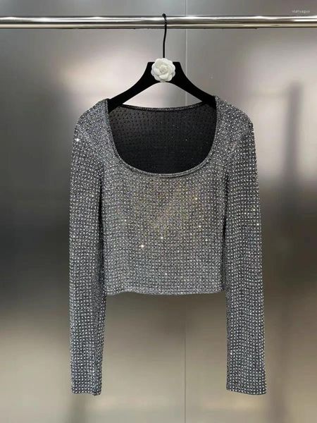 Blouses pour femmes 2023 Automne Col carré Manches longues Haute température Roulé Diamant Brillant Slim Fit Polyvalent Petite Chemise T-shirt