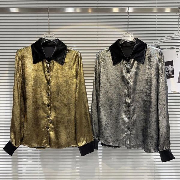 Blusas de mujer 2023 otoño terciopelo empalme cuello camisa de Metal líquido manga larga plata oro blusa con botones de gran tamaño