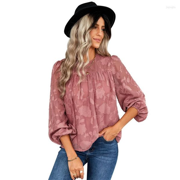 Blouses pour femmes 2023 automne hiver en mousseline de soie à manches longues fleur col rond hauts bureau dame lâche dentelle chemise élégant noir femmes vêtements