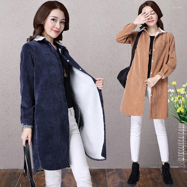 Blouses pour femmes 2023 automne hiver femmes coréennes velours côtelé Plus velours épais longue chemise taille 6XL solide à manches longues veste chaude Blouse décontractée