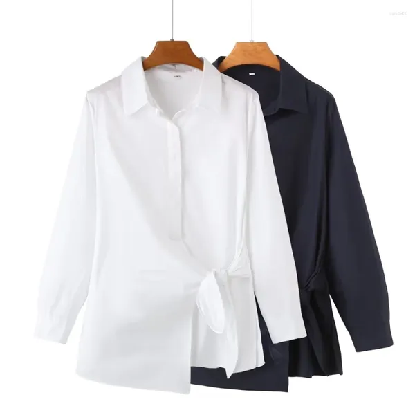 Blusas de mujer 2023 Otoño temperamento en el lugar de trabajo camisa de manga larga blanca de popelina anudada con doble botonadura y botón oculto 9479242