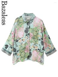 Damesblouses 2023 Bazaleas Store Groene bloemenprint Los overhemd Trf-knopblouse Chic Blusas Tops Officiële kleding