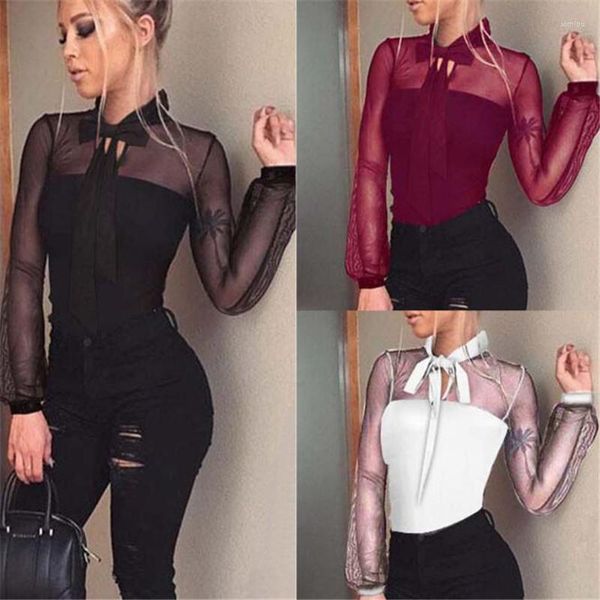 Blusas de mujer 2023 Body de encaje negro Mujer manga larga Stretch Ladies Leotardo Body Tops Camiseta Mono