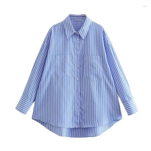 Blouses pour femmes 2023 Blue Stripe Shirt Femmes Femmes Casual Long Maneves Oversize Blouse Femme Chic Lady Elegant Top Spring Summer