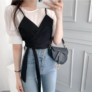 Damesblouses 2023 merk 2 stuks dames shirt o-neck puff mouw cami buitenste riem dames tops chique Koreaanse stijl peplum chemise blusa