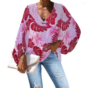 Chemisiers pour femmes 2023 décontracté chemise à manches longues ample polynésien Tribal Samoa rose hauts à fleurs col en v femme plage conception grande taille femmes