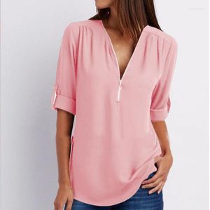 Women's Blouses 2023 Casual vrouwen met lange mouwen blouse zipper tops sexy mode v-neck shirt los chiffon stevige kleding blusas 25811