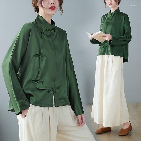 Blusas de mujer 2023 camisa de estilo étnico chino verde oscuro mujeres Cheongsam Top Tang traje Vintage mujer blusa tradicional China