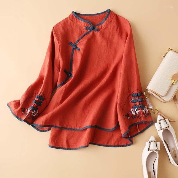 Blusas de mujer 2023 blusa bordada de estilo chino para mujer verano cuello redondo manga corta algodón y lino tradicional Tang Suit Top
