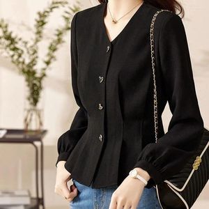 Vrouwen Blouses 2023 Kleding Effen Kleur V-hals Lange Mouw Kantoor Dame Commuter Lente Herfst Casual Elegant Button Shirt