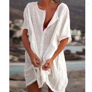 Chemisiers pour femmes 2023 coton lâche mi-longueur chemises femmes maillot de bain couvertures tuniques pour plage maillots de bain Mini robe blanc bleu grand