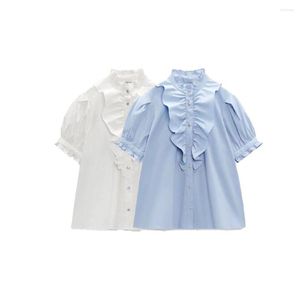 Blusas de mujer 2023, camisa con textura de algodón de una sola hilera lateral de manga corta con cuello levantado a la moda de otoño