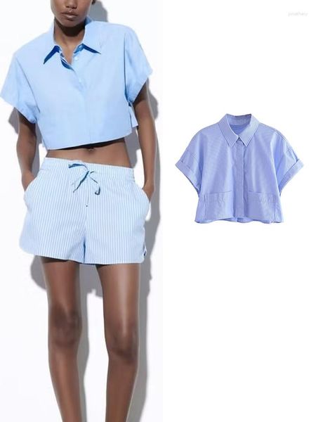 Chemisiers pour femmes 2023 chemises recadrées Roll Rim Vintage chemise à manches courtes femmes été revers et femme mode poches hauts