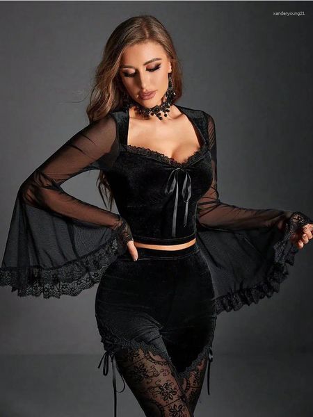 Blouses Femmes 2023 Dark Vintage Ruché Mall Gothic Femmes Grunge Esthétique Punk Mesh Sexy Crop Tops Flare Manches Skinny Bow Alt T-shirt