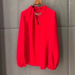 Women's Blouses 2023 Early Autumn Elegant Red Pure Silk Blouse Women Runway V Neck Lantern Long Sleeve pullover Fashion High End Soft Chic