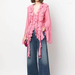 Blusas femininas 2023 início da primavera runway blusa de seda moda feminina elegante manga longa com decote em v fita babados topo y2k menina fada