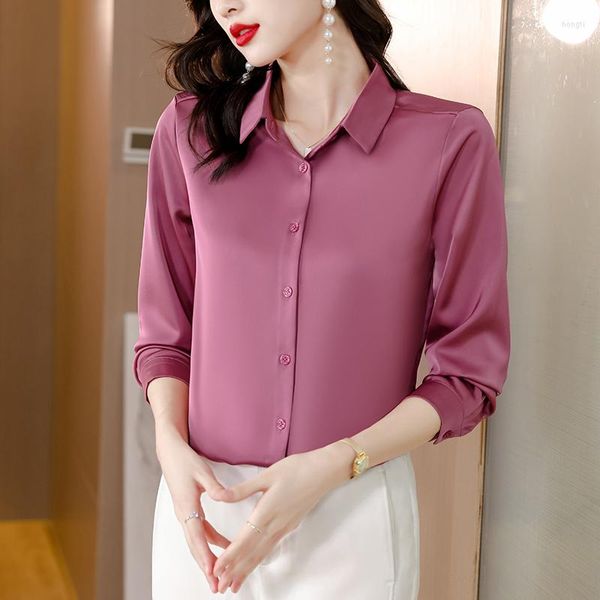 Blouses pour femmes 2023 mode élégante à manches longues couleur unie revers chemise en soie femme blanc rose rouge banlieue blouse décontractée