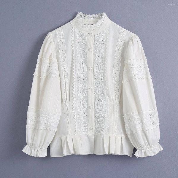 Blouses pour femmes 2023 printemps européen et américain broderie épissure haut à manches longues chemise blanche