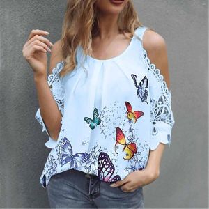 Women's Blouses 2023 Fashion Blouse Summer Off the Shoulder Tops Women Casual Losse Lace Sleeve Vrouw Butterfly Gedrukte T -shirt Tank Top