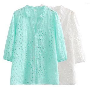Blouses pour femmes 2023 mode décontracté deux couleurs broderie évider coton simple boutonnage chemise rétro à manches longues Unique haut