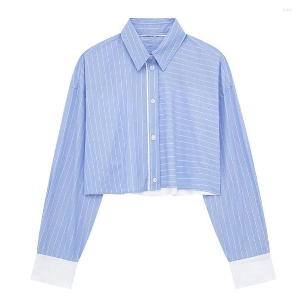 Blusas de mujer 2023 moda elegante popelina rayas parche Vintage manga larga botón estilo blusa Blusas Top único