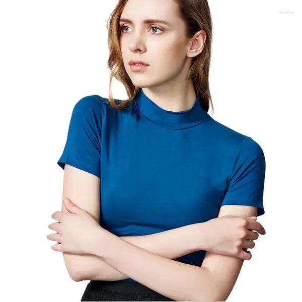 Blouses Femmes 2023 Mode manches courtes femmes chemises marque coton demi-col roulé hauts pour haute élasticité tricoté t-shirts 10 couleurs