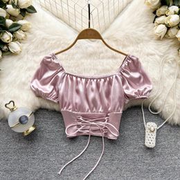 Frauen Blusen 2023 Mode Sommer Frauen Vintage Elegante Koreanische Puff Sleeve Schnürung Schlanke Seide Shirts Süße Rosa Blusas Mujer