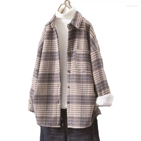 Blouses Femmes 2023 Mode Femmes Violet Plaid Laine Chemises Élégantes Dames Oversize Chemise Longue Vintage Femelle Élégant Épais Filles Chic