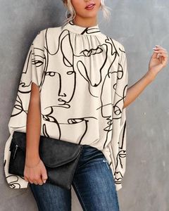 Damesblouses 2023 Mode Dames Zomer Elegant Tops Lady Casual Solid Lange mouwen Loose Fit Blouse Abstract Print Batwing Shirt