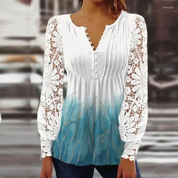 Blusas de mujer 2023 apliques de flores blusa de primavera para mujer Top ahuecado mangas largas camisas de retazos de encaje Vintage