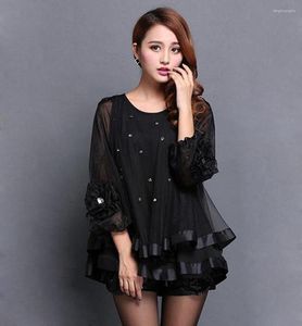 Women's Blouses 2023 Girls Casual Black Top Chiffon Lady's Fashion Holiday Soft Organza Tops Red Party Wear Loose Big Size 3XL W124