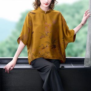 Women's Blouses 2023 High-end Chinese stijl Verbeterde Hanfu Top Women Pluse Size Office Lady Stand Collar Imitatie Silk Elegant Loose Blouse