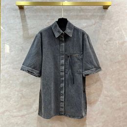 Chemisier en Denim à manches courtes pour femmes, chemisier de haute qualité, à la mode, rétro, gris délavé, longueur moyenne, coupe ample, 2023